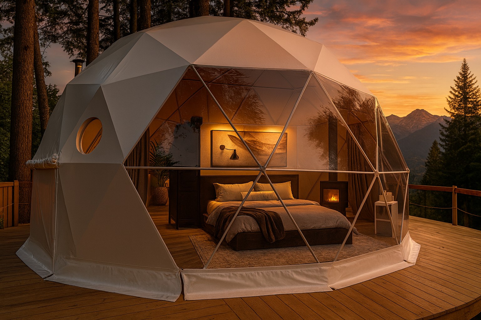 Luxury glamping dome deck overlooking nature